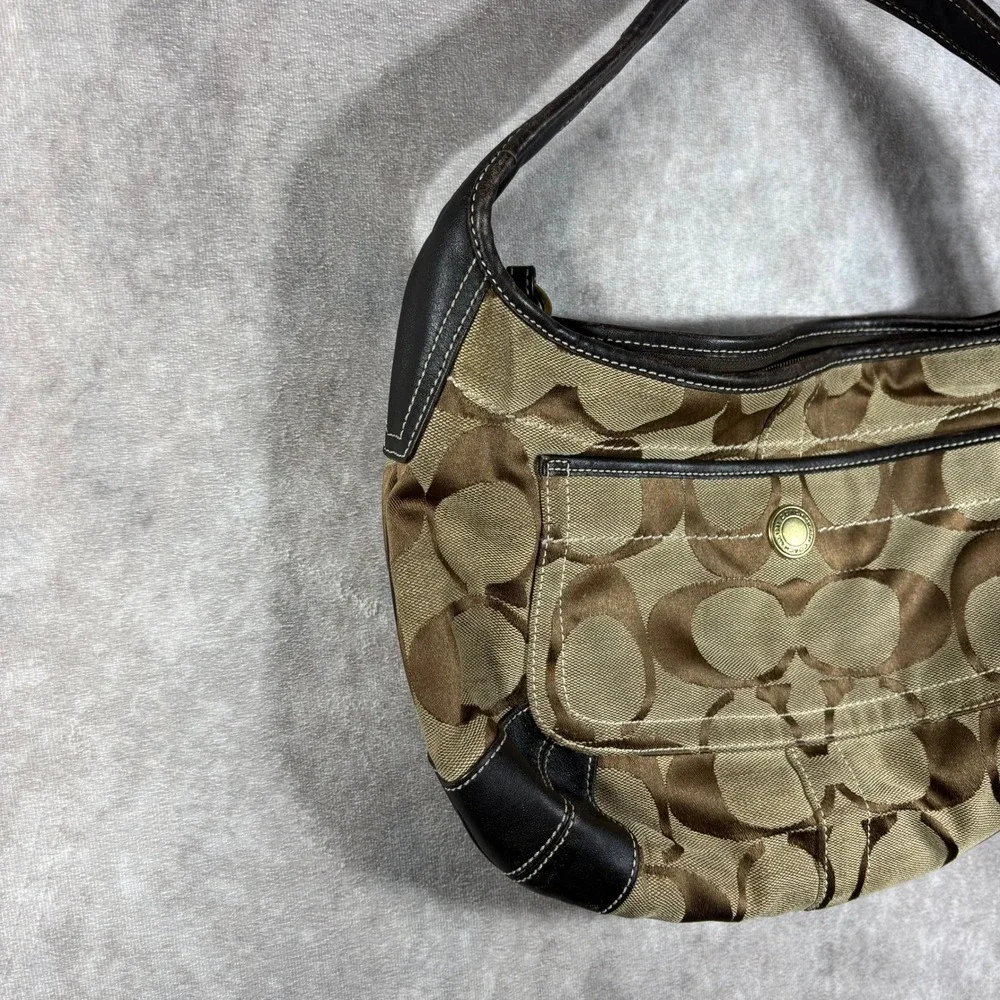 Coach Shoulder Bag Women Medium Brown Signature Canvas Hobo Leather Trim Vintage - Picture 3 of 16